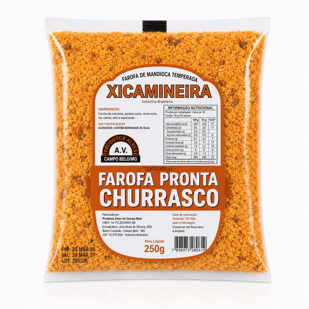 Farofa de Mandioca Temperada Sabor Churrasco Xicamineira 250g - farofa churrasco artesanal Minas Gerais
