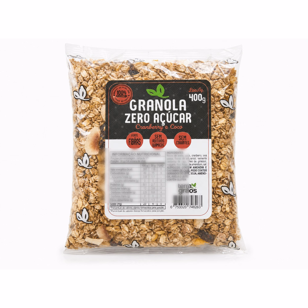 Granola Zero Açúcar Cranberry e Coco Terra Grãos - granola zero açúcar cranberry coco artesanal